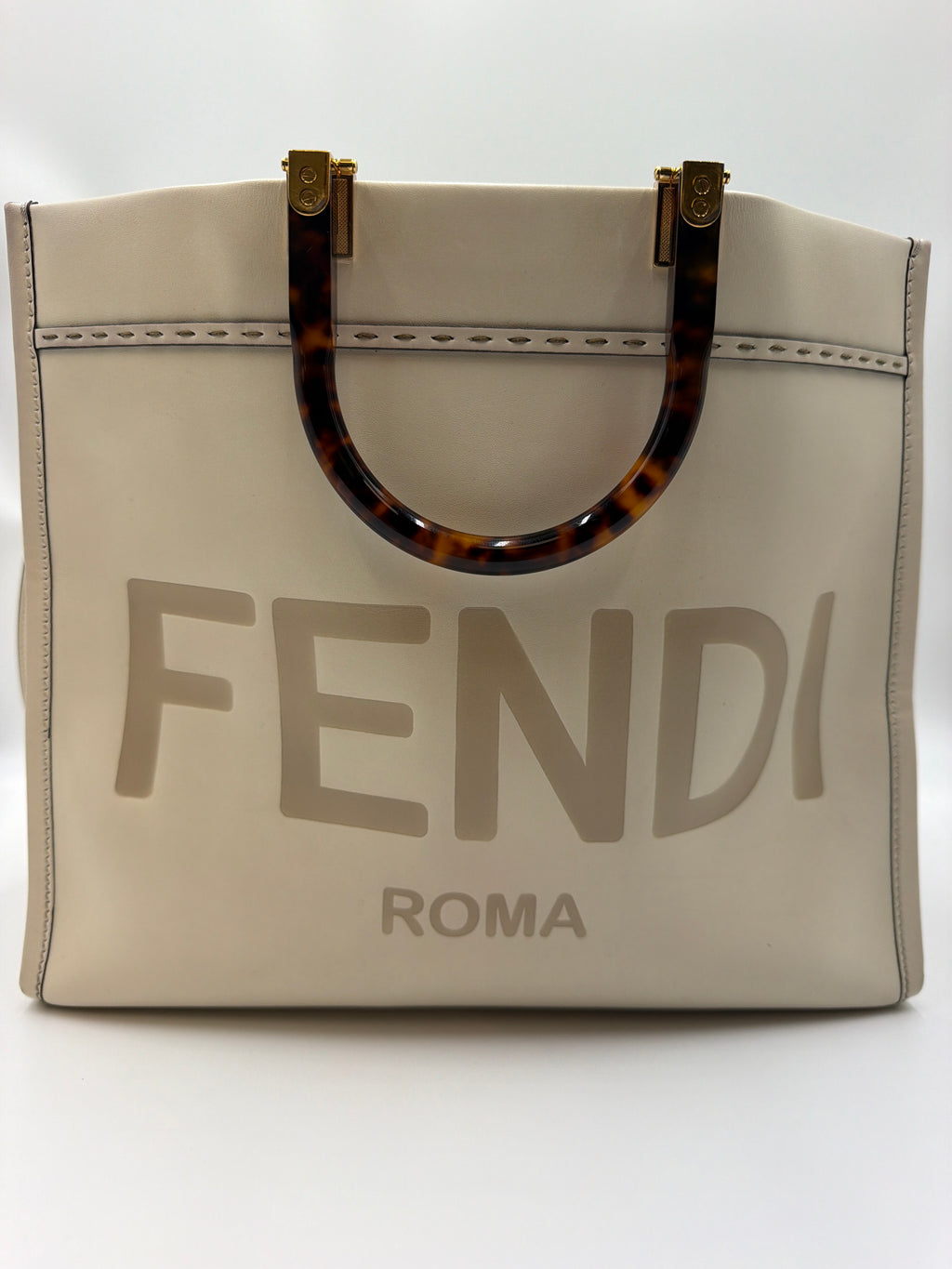 Fendi Vitello King Plexiglass Logo Embossed Medium Fendi Sunshine Shopper Tote Moon Ivory