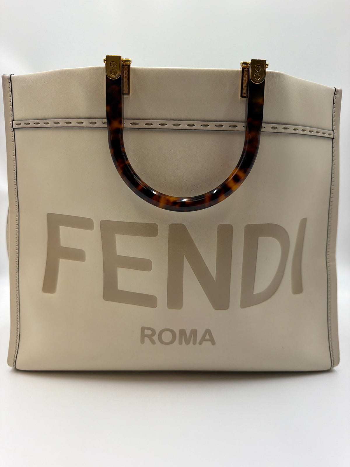 Fendi Vitello King Plexiglass Logo Embossed Medium Fendi Sunshine Shopper Tote Moon Ivory