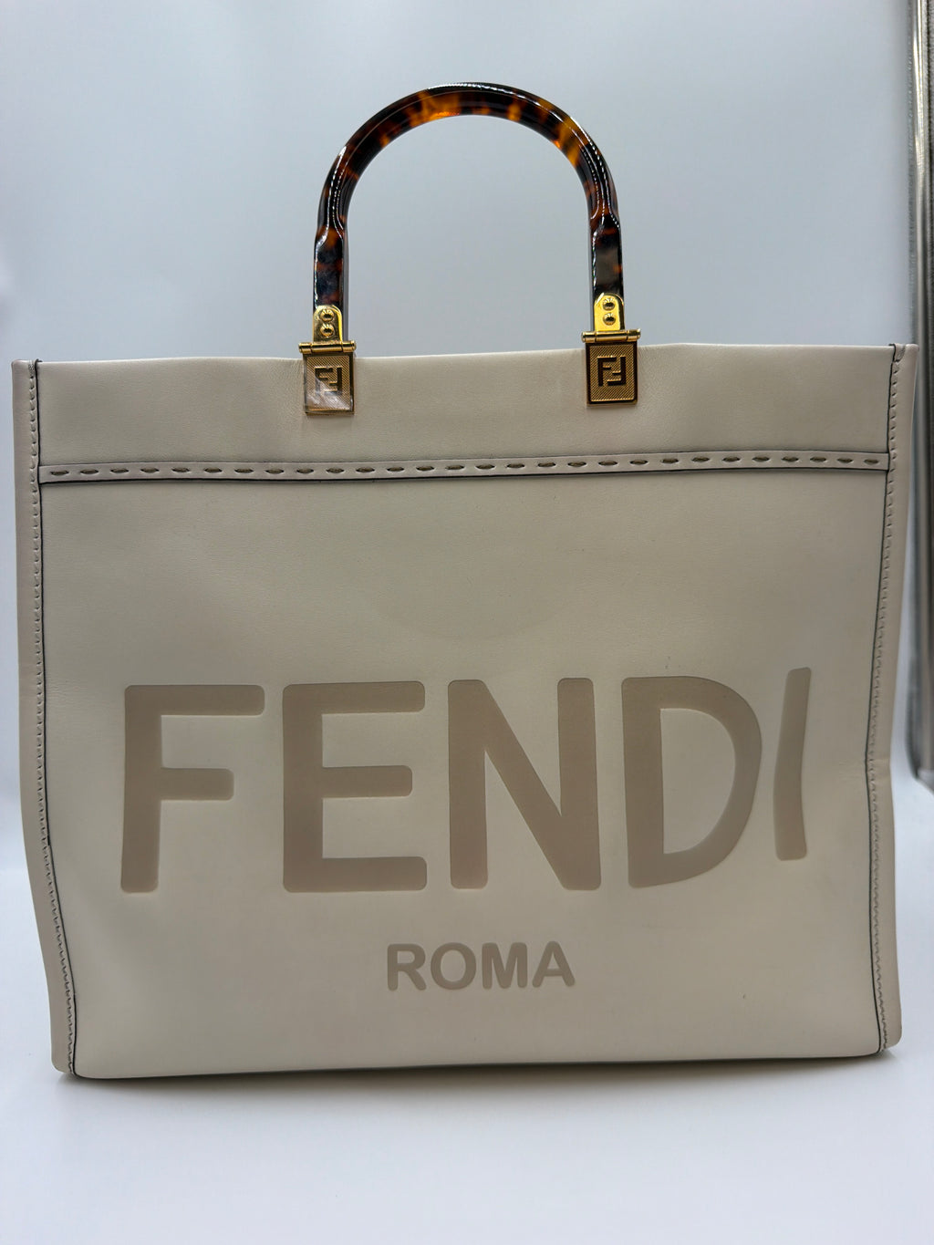Fendi Vitello King Plexiglass Logo Embossed Medium Fendi Sunshine Shopper Tote Moon Ivory