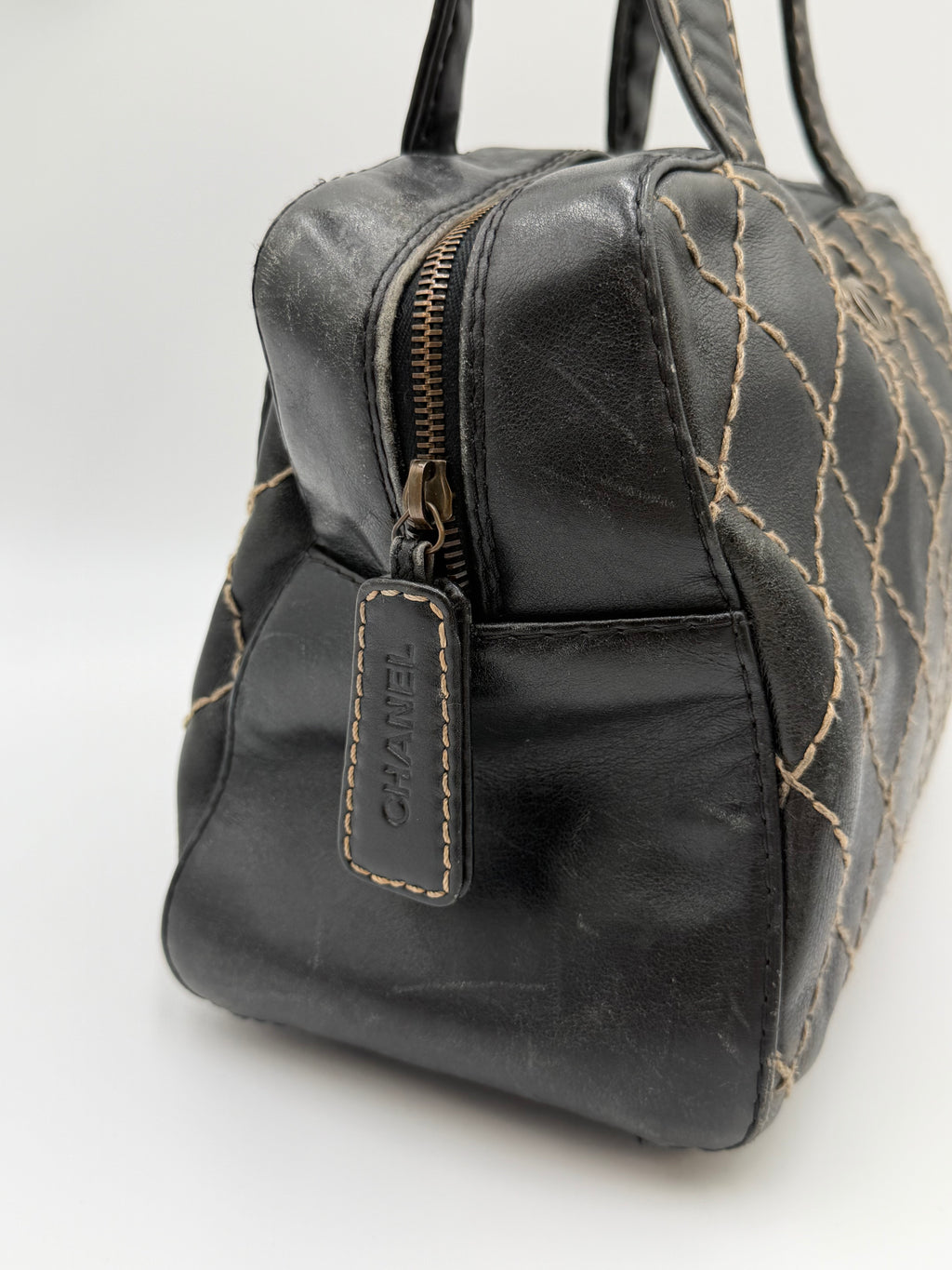 Vintage Chanel Black Leather Wild Stitch Boston / Bowler Bag