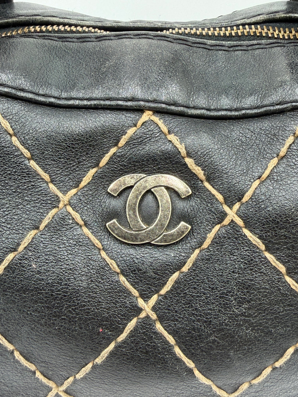 Vintage Chanel Black Leather Wild Stitch Boston / Bowler Bag