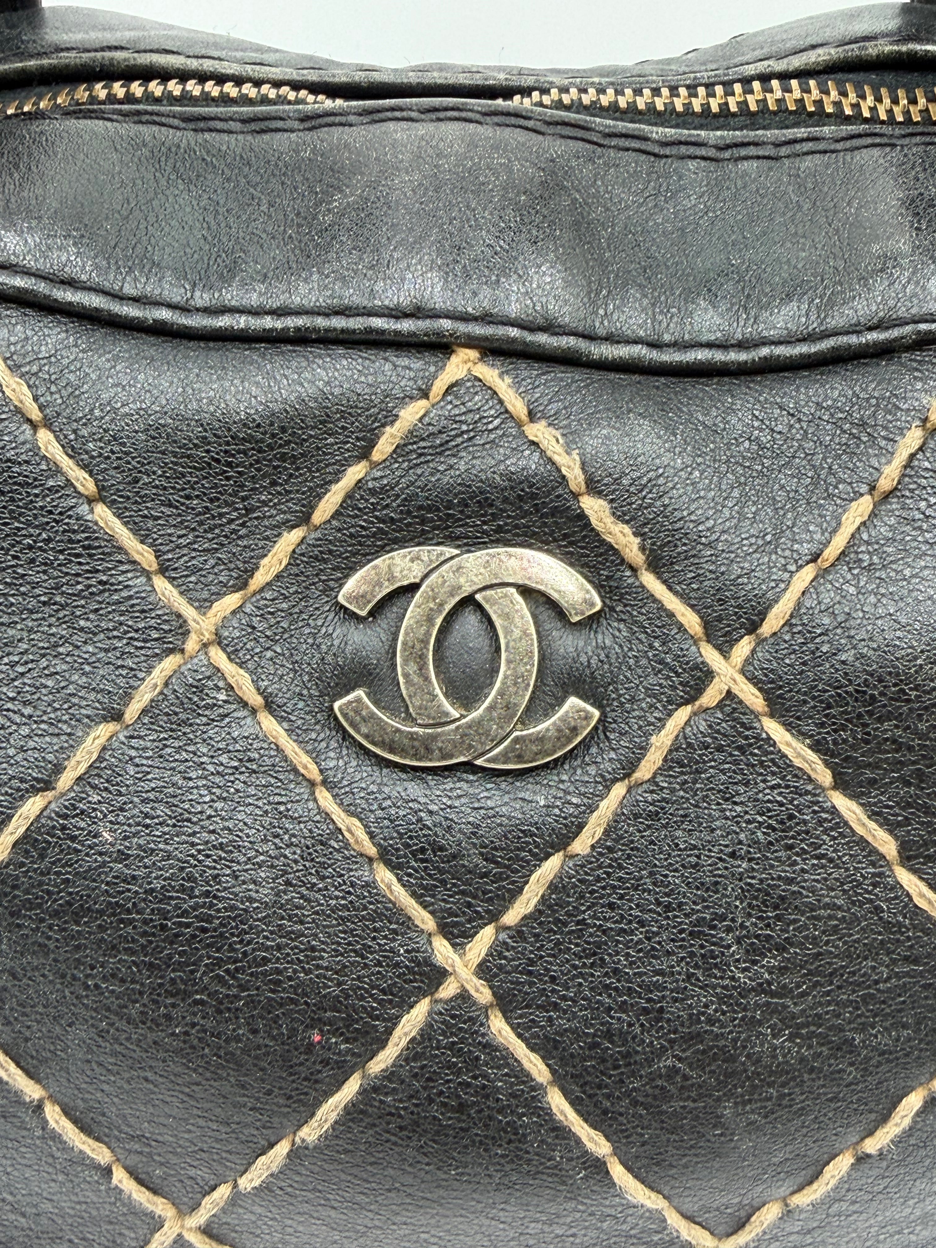 Vintage Chanel Black Leather Wild Stitch Boston / Bowler Bag