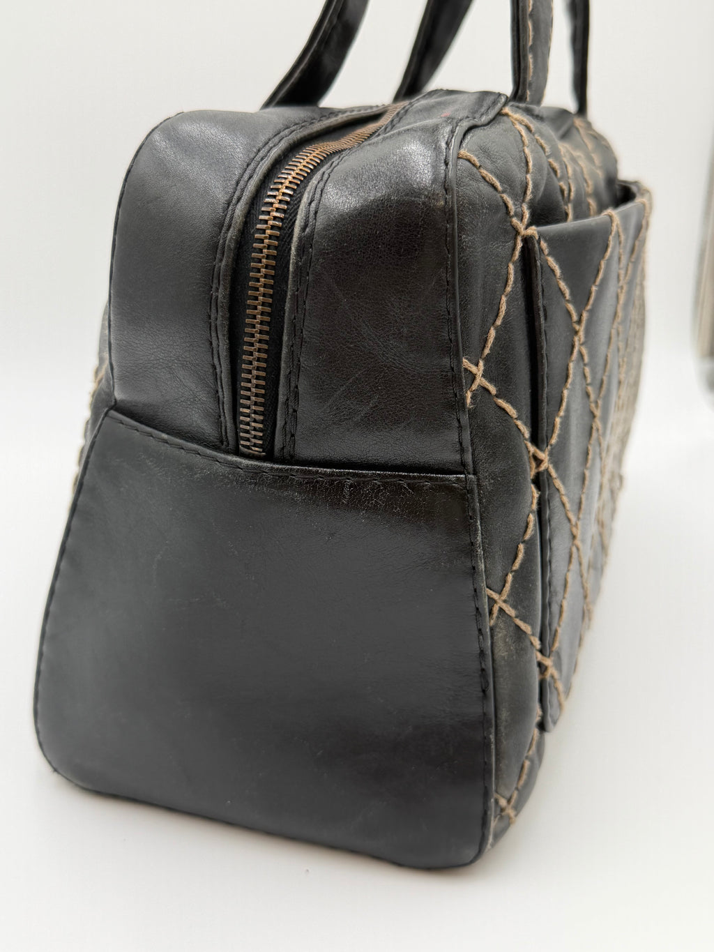 Vintage Chanel Black Leather Wild Stitch Boston / Bowler Bag