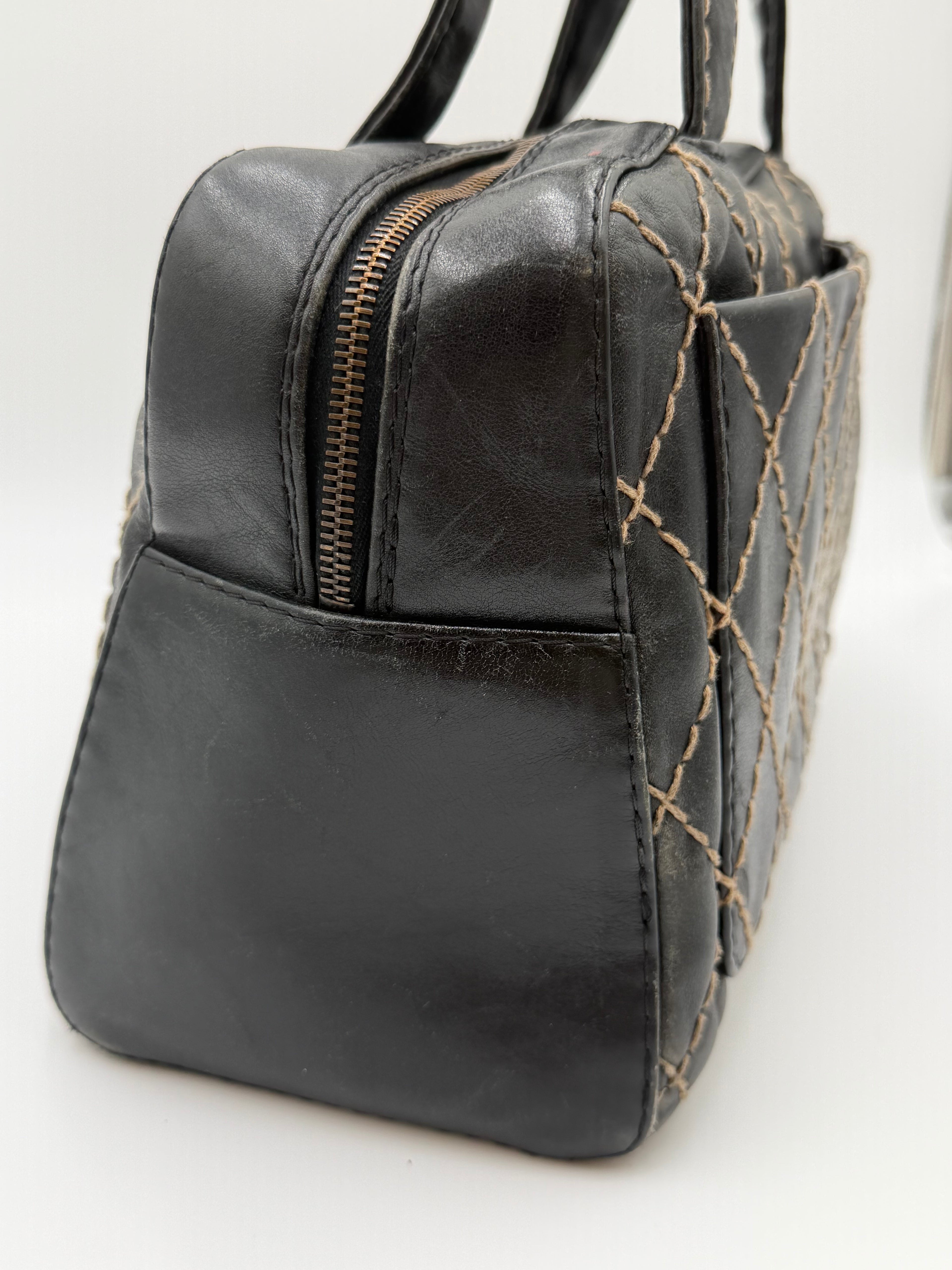 Vintage Chanel Black Leather Wild Stitch Boston / Bowler Bag