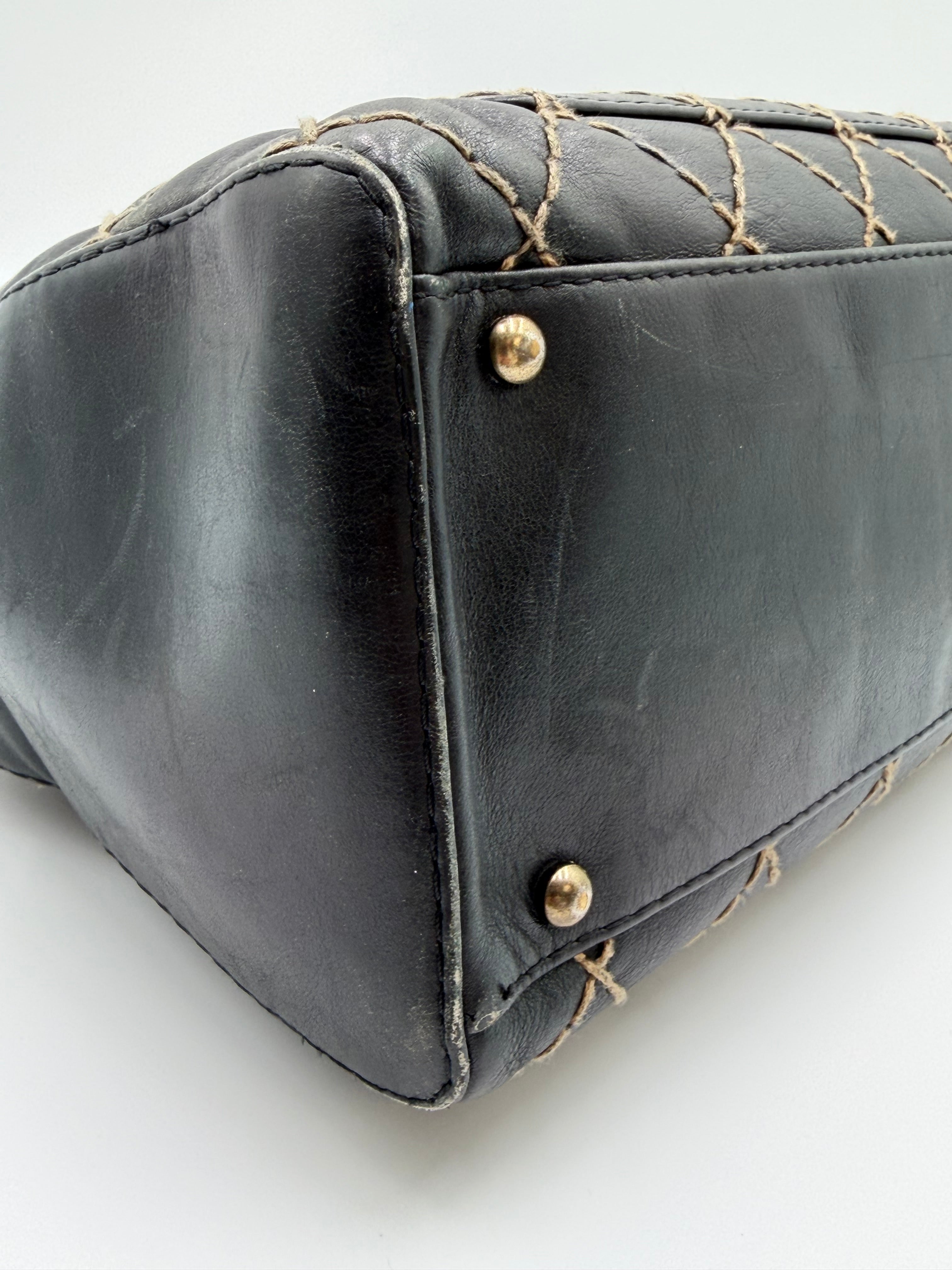Vintage Chanel Black Leather Wild Stitch Boston / Bowler Bag