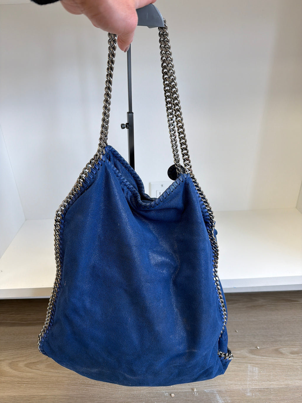 Stella McCartney Falabella Tote, specifically in a blue "Shaggy Deer" vegan suede