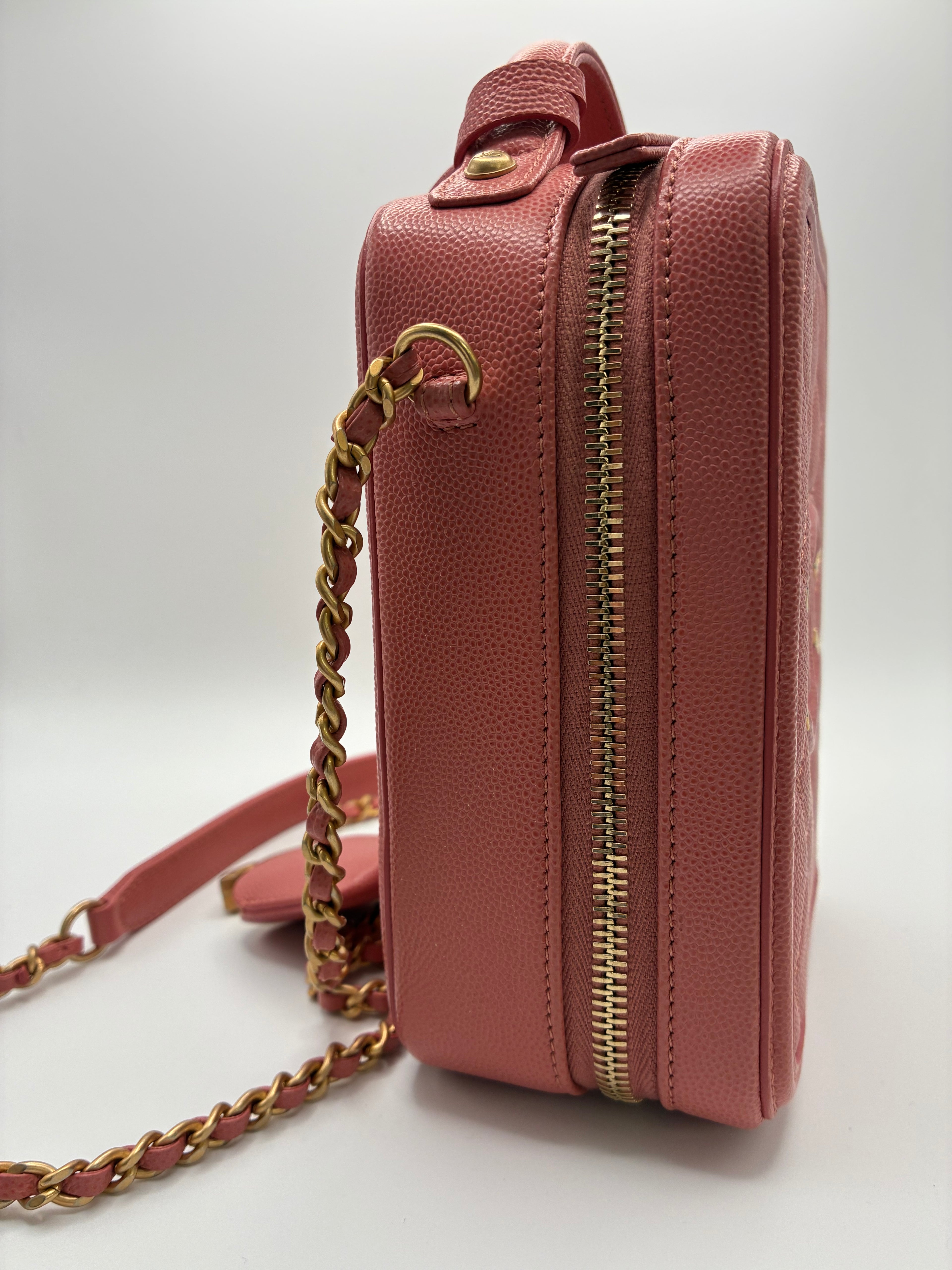 Chanel Caviar Quilted CC North South Filigree Vanity Case Pink