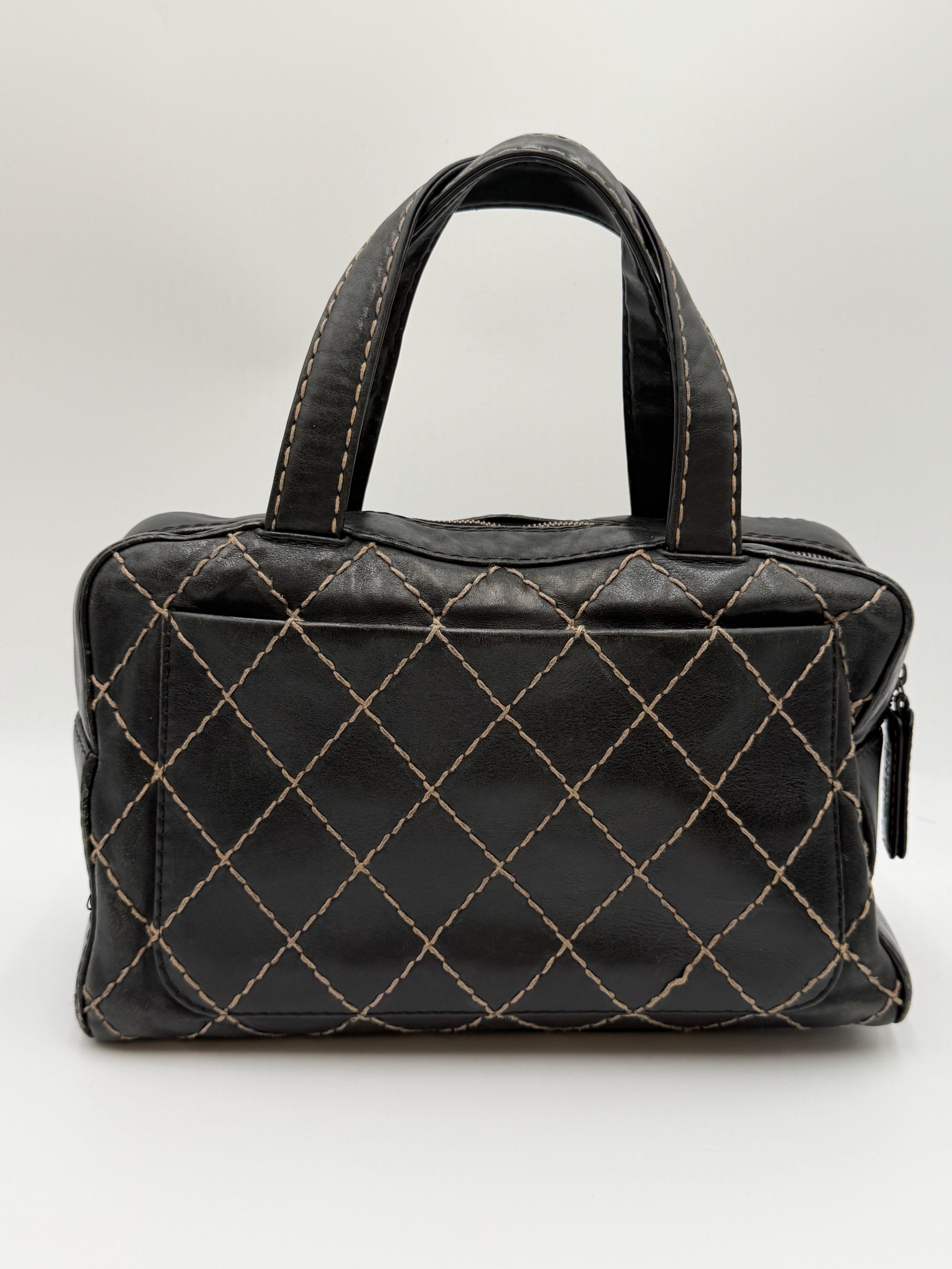 Vintage Chanel Black Leather Wild Stitch Boston / Bowler Bag