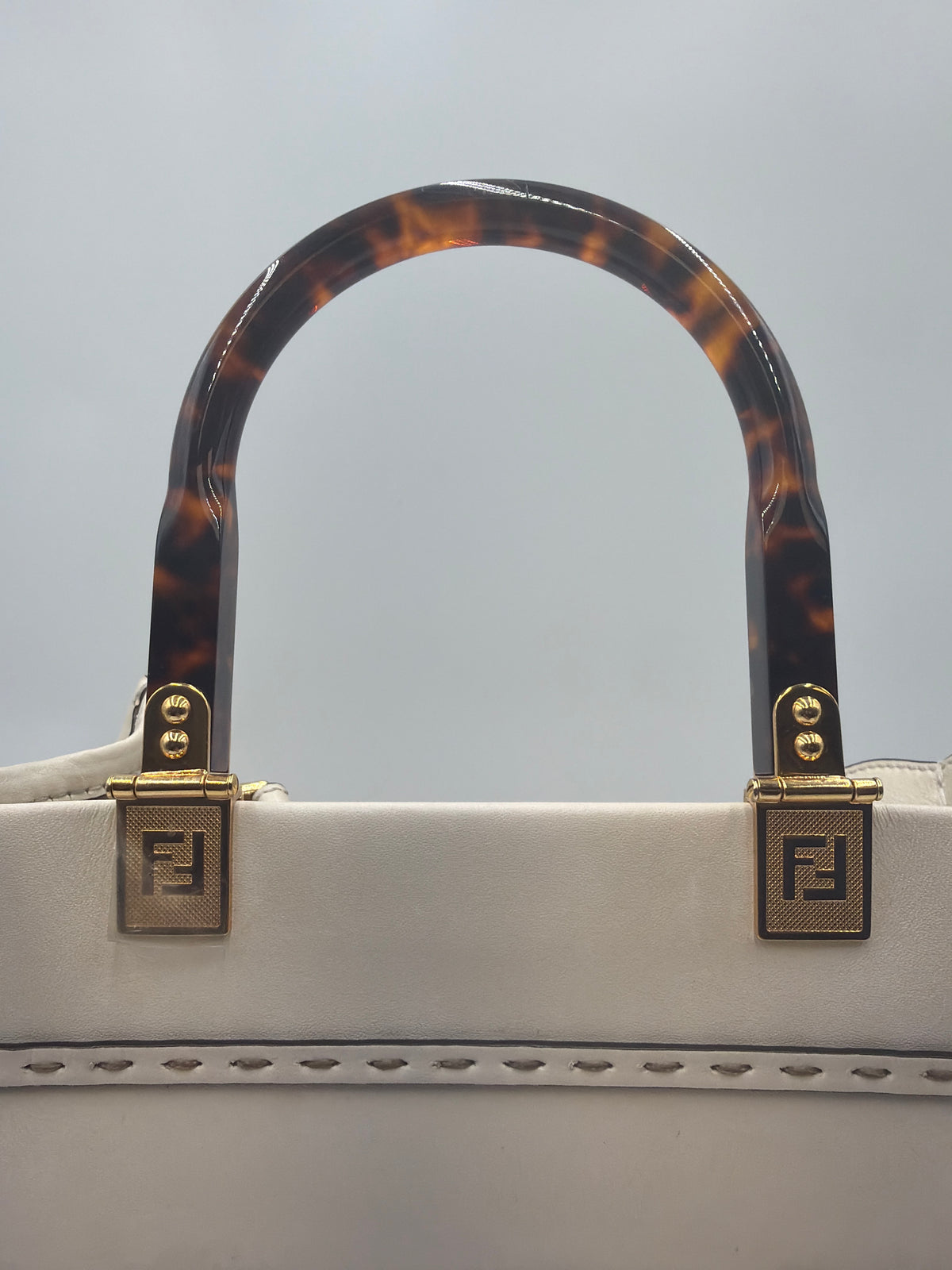 Fendi Vitello King Plexiglass Logo Embossed Medium Fendi Sunshine Shopper Tote Moon Ivory