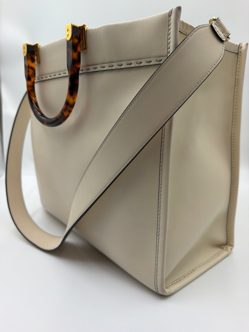 Fendi Vitello King Plexiglass Logo Embossed Medium Fendi Sunshine Shopper Tote Moon Ivory