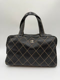 Vintage Chanel Black Leather Wild Stitch Boston / Bowler Bag