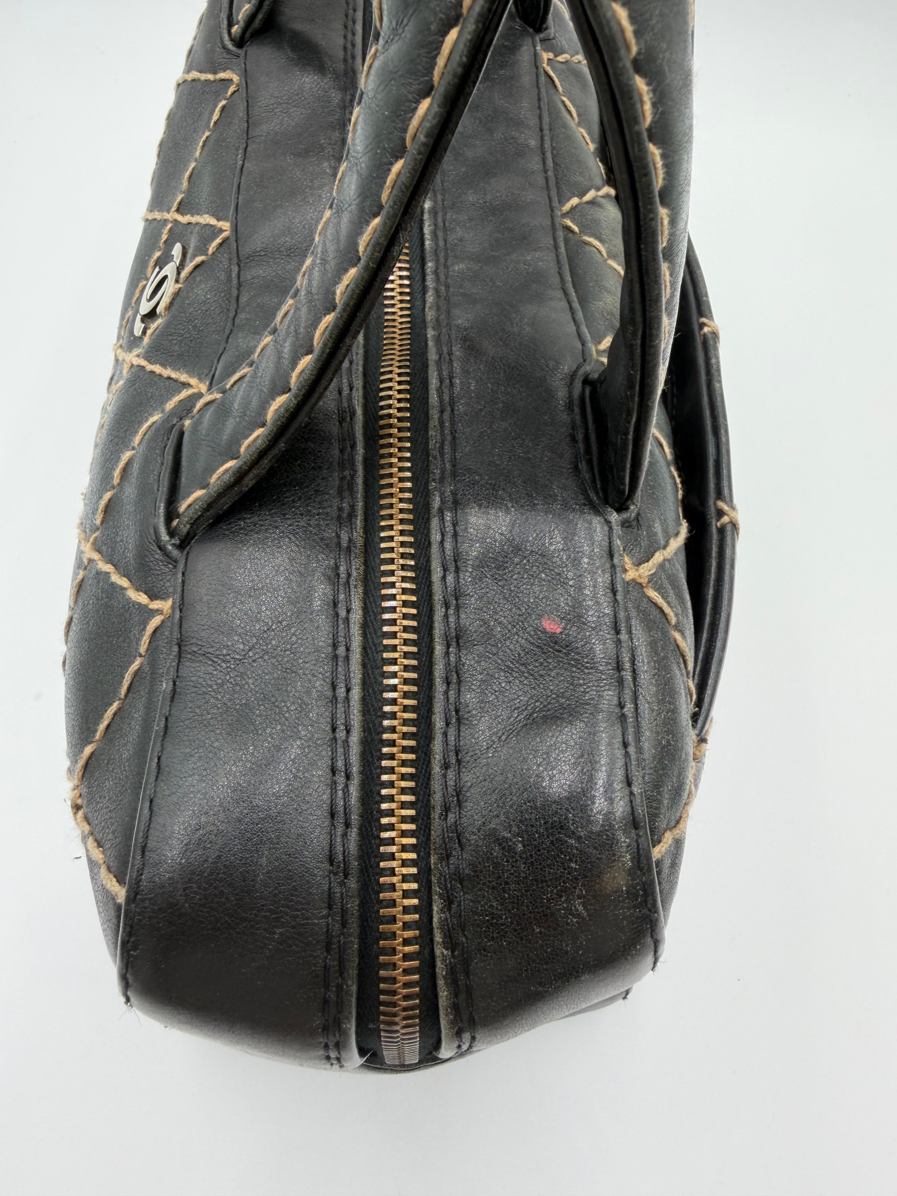 Vintage Chanel Black Leather Wild Stitch Boston / Bowler Bag