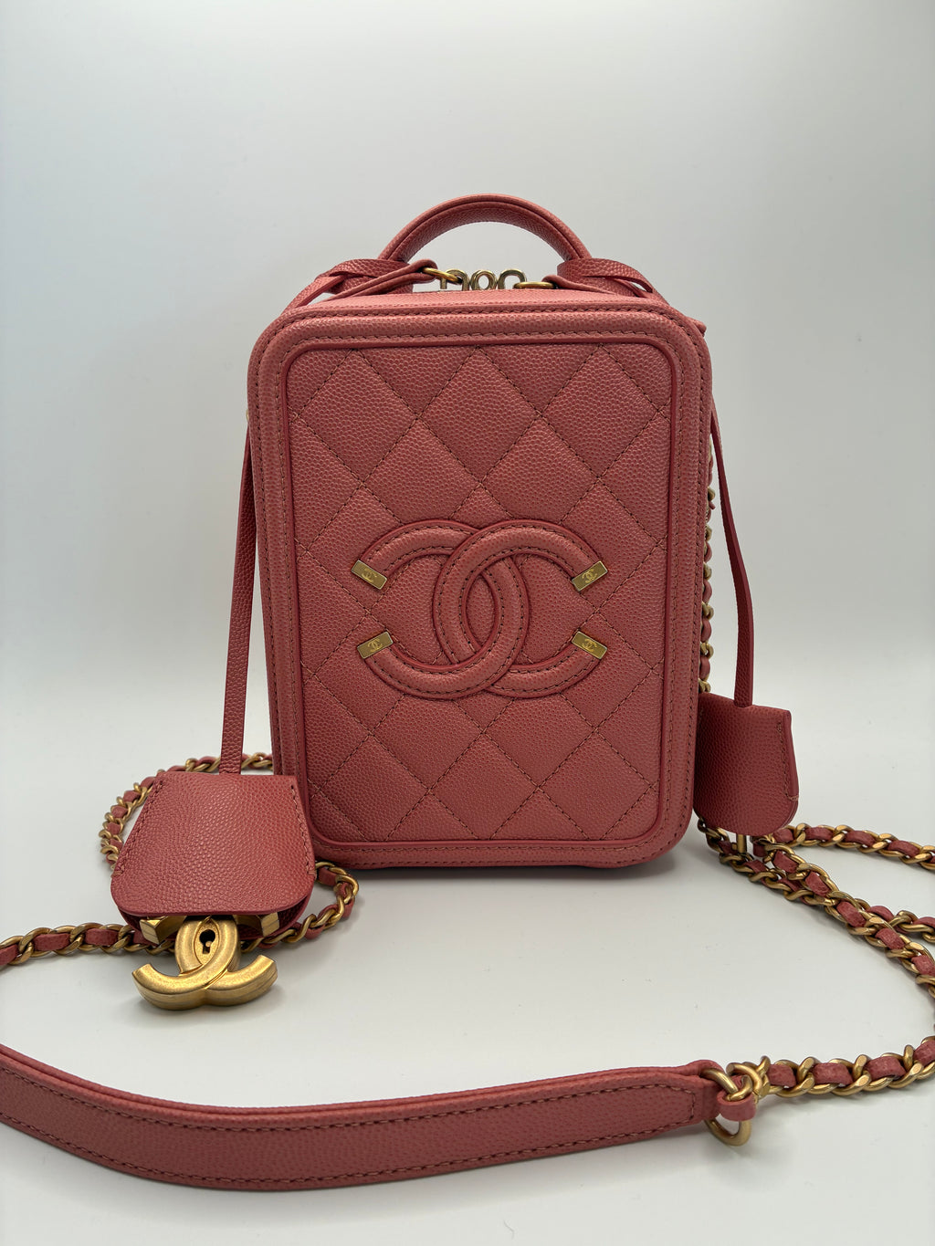 Chanel Caviar Quilted CC North South Filigree Vanity Case Pink