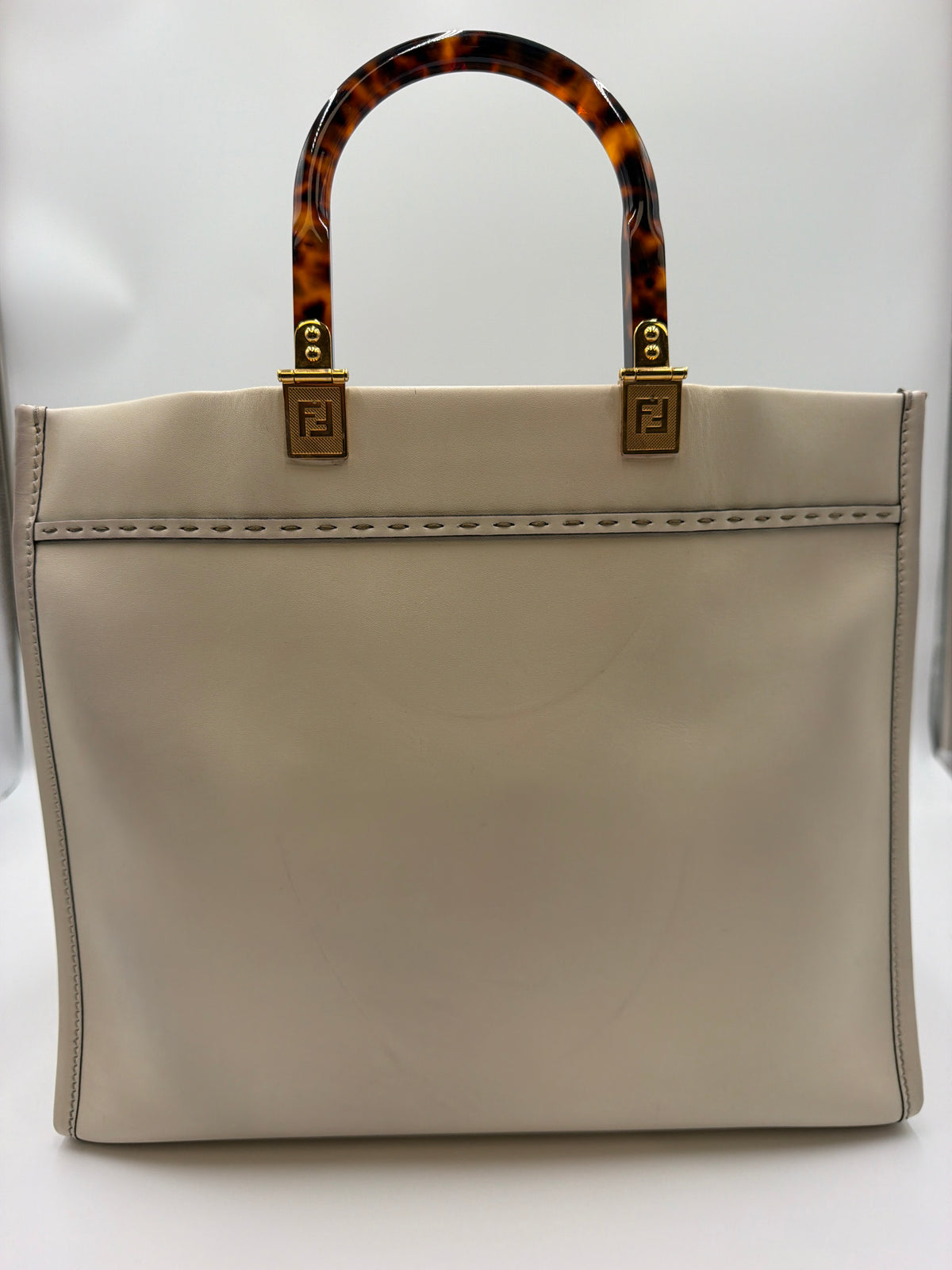 Fendi Vitello King Plexiglass Logo Embossed Medium Fendi Sunshine Shopper Tote Moon Ivory
