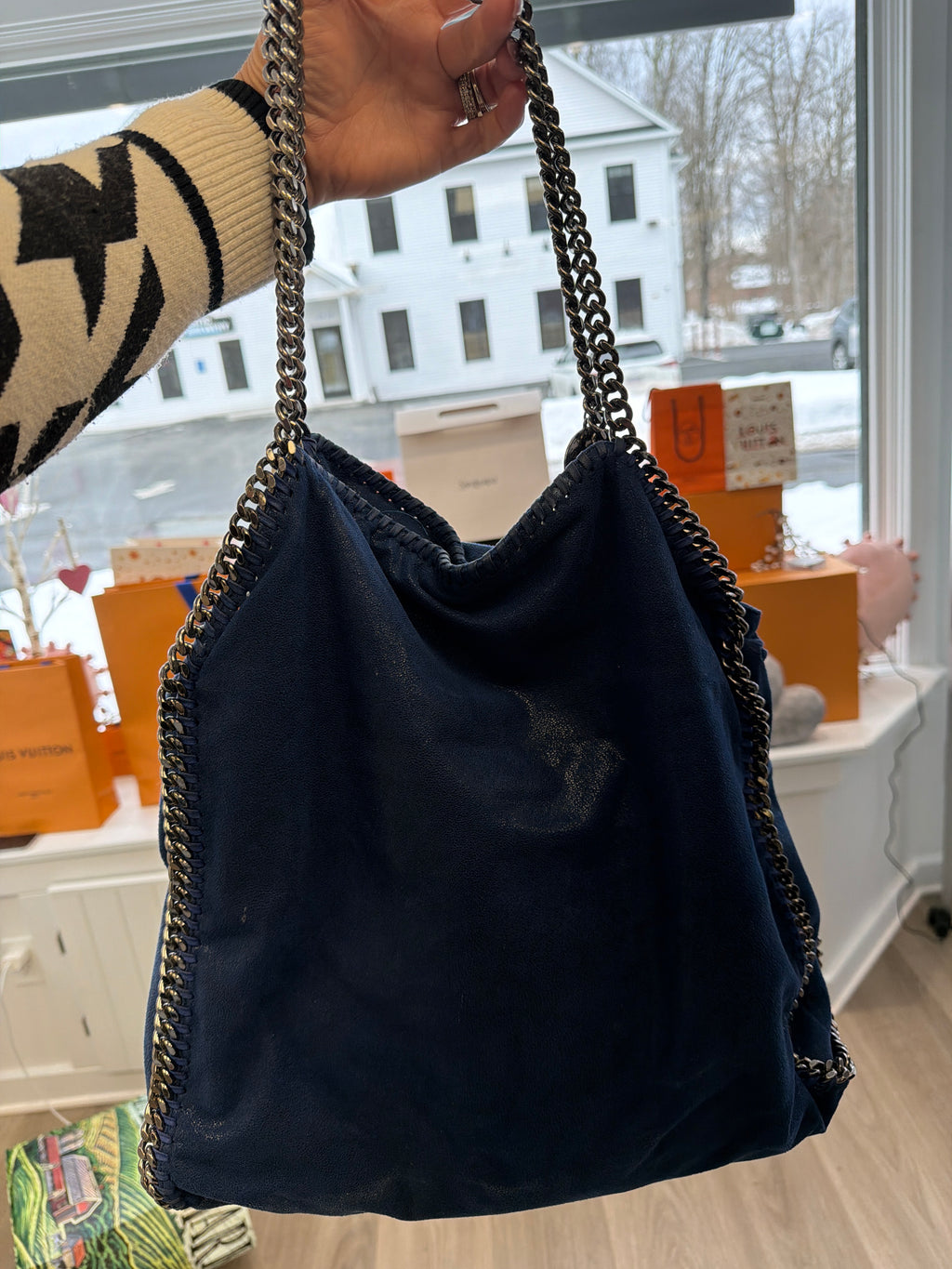 Stella McCartney Falabella Tote, specifically in a blue "Shaggy Deer" vegan suede