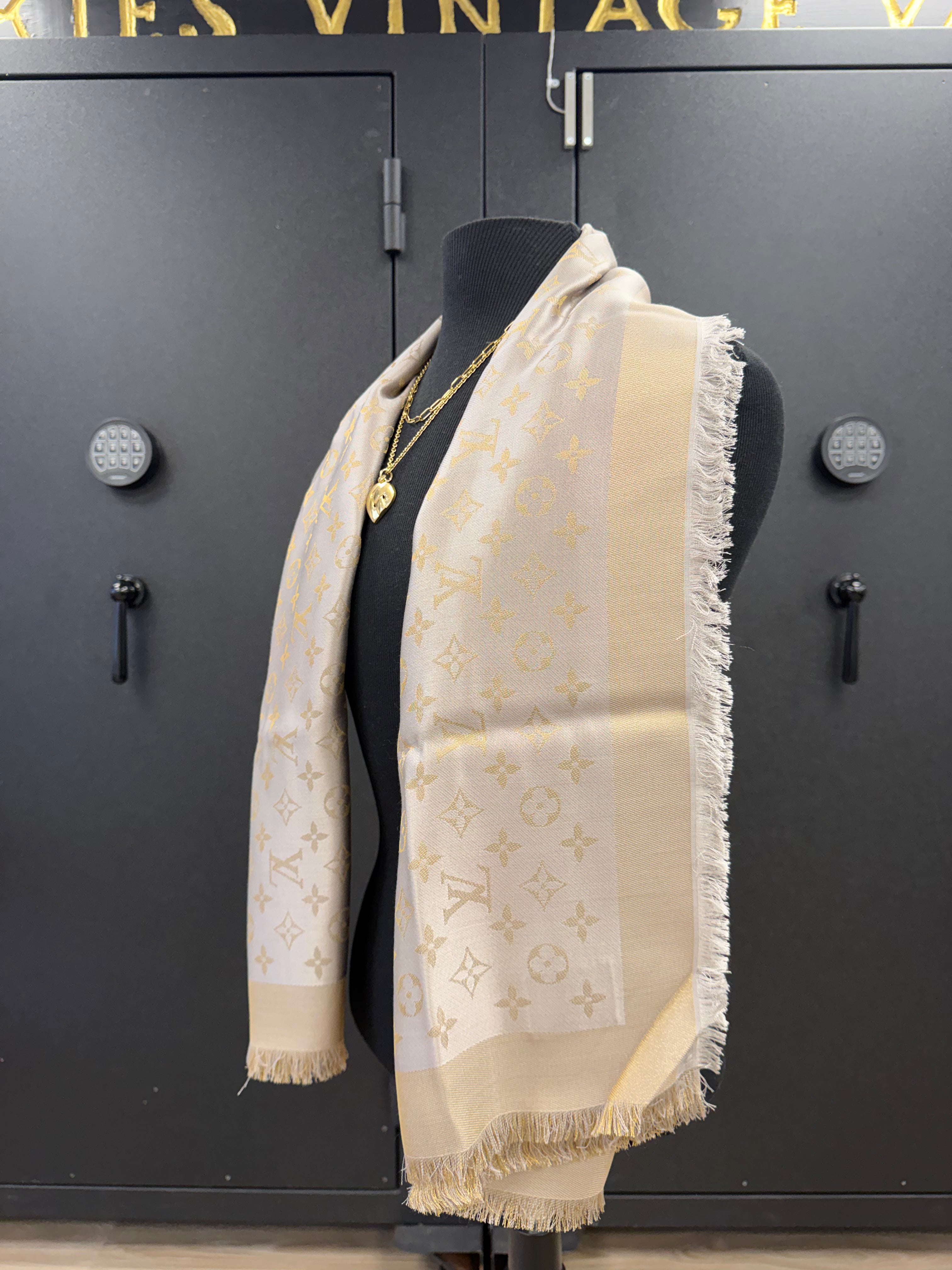 Louis Vuitton So Shine Greige/Beige/Gold Monogram Shawl